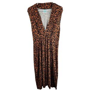 Vera Fishbaugh Womens Midi Dress Large Brown Leopard Print V-Neck Sleeveless